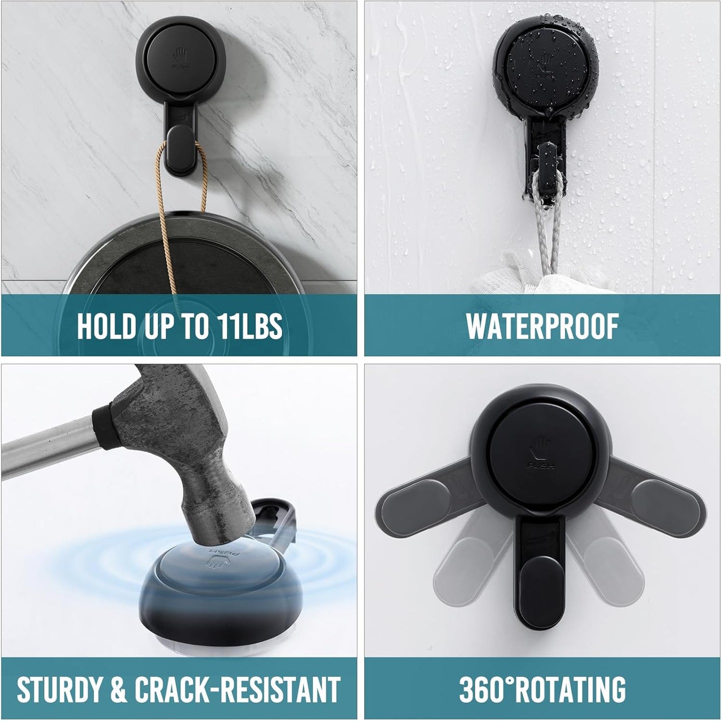 TAILI 4 Pack 360° Rotatable Powerful Suction Cup Shower Hooks for Towel, Loofah, Damage-free Hanging Versatile Wall Hooks for Inside Bathroom, Decoration, Removable Suction Holders, Easy to Use, Black