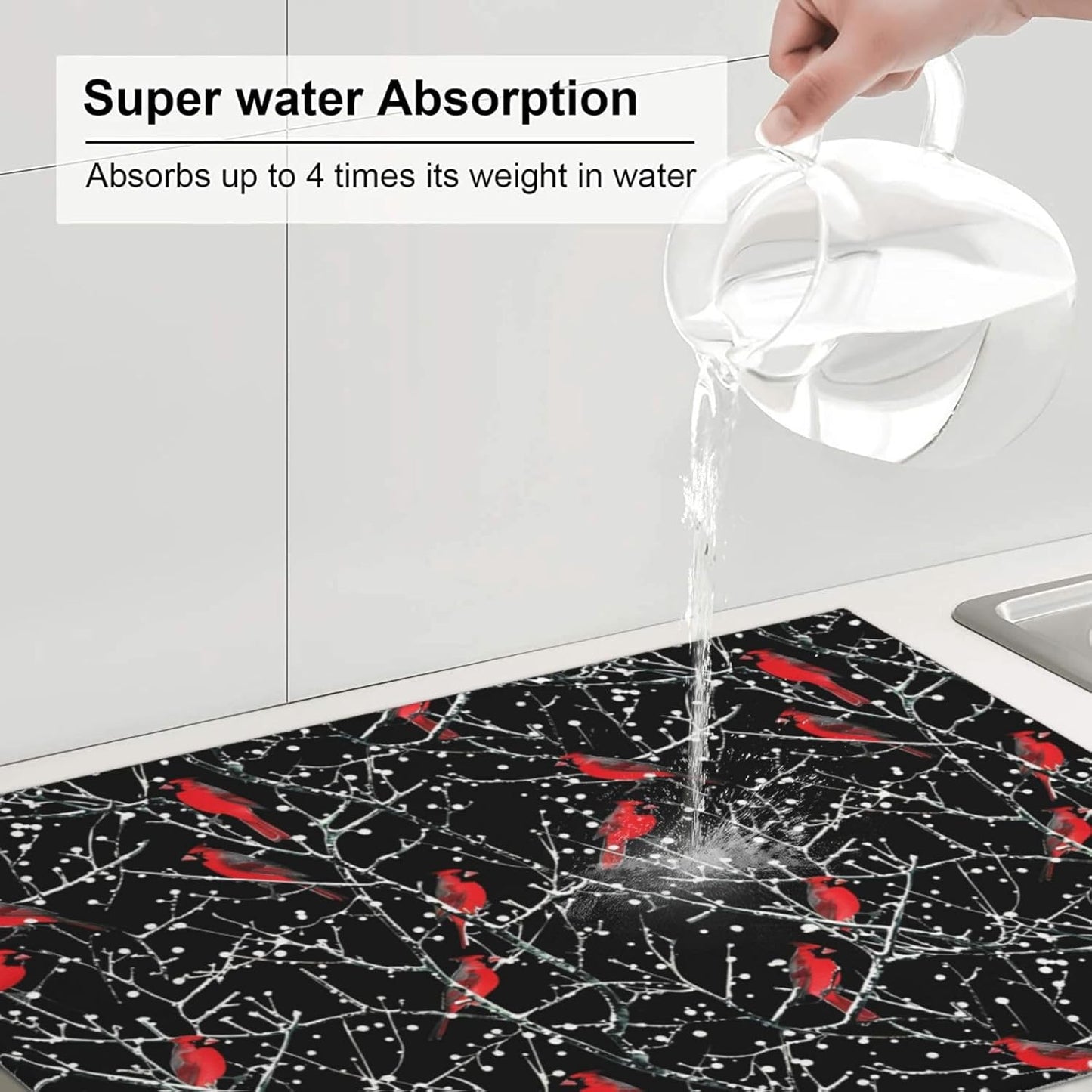 Red Bird Winter Red Cardinals Dish Drying Mat 18x24 For Kitchen Counter Absorbent Microfiber Dishes Pad Dish Drainer Rack Mats Fast Dry Kitchen Accessories