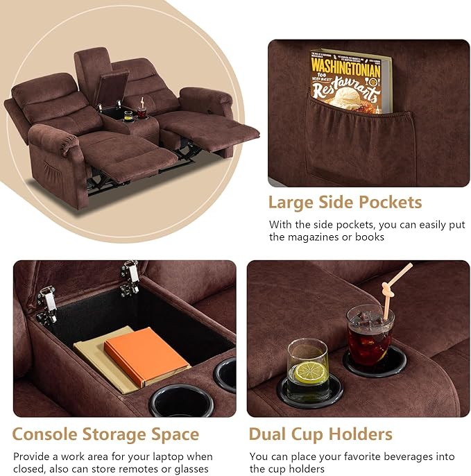 Loveseat Reclining Sofa, Home Theater Seating with Center Console, RV Recliner Sofa with Cup Holders and Pockets, Manual Double Seater Recliner for Living Room, Motor Home (Flannel Brown)