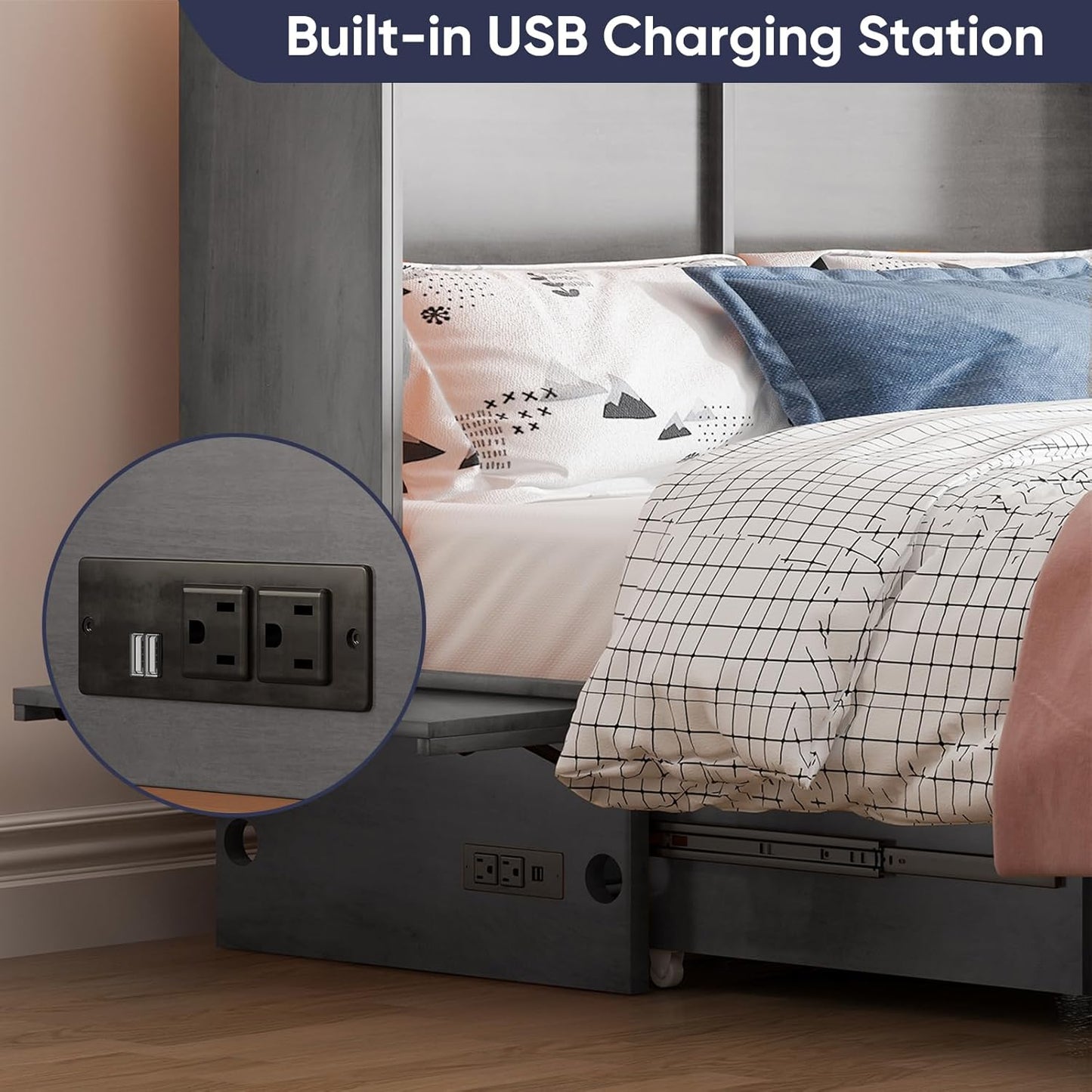 ijuicy Chest Murphy Bed Queen, Murphy Cube Cabinet Bed with 3 Level Foldable Memory Foam Mattress, 2 Large Drawers and Charging Station for Guests Room/Bedroom(Charcoal Grey)