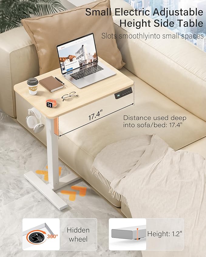 Mobile Standing Desk with Wheels - Electric Height Adjustable Small Movable Laptop Desk, Portable Rolling Computer Workstation Sit Stand Table for Home Office, Sofa & Bedside Use(23.6",Natural)