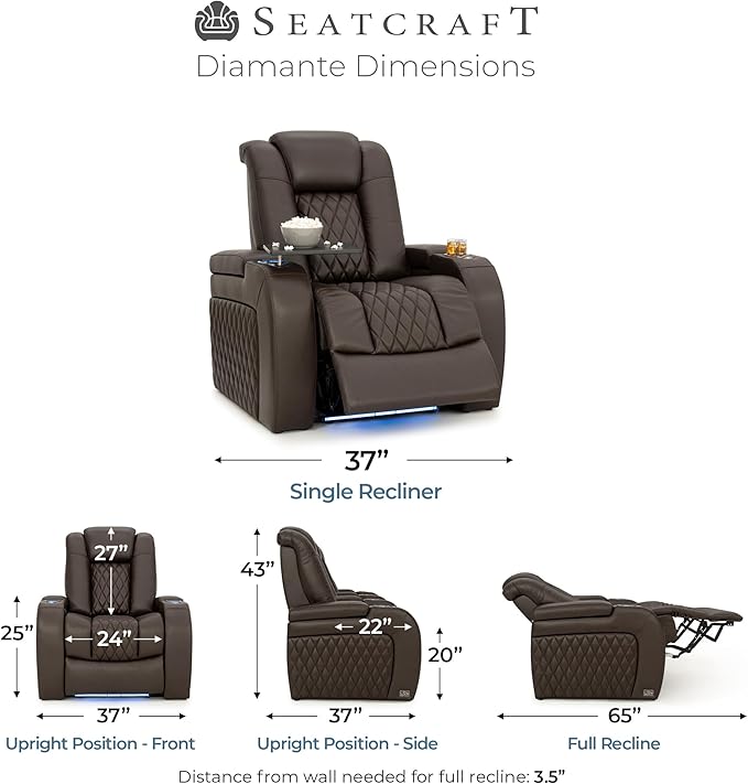 Seatcraft Diamante Zero-Gravity CoolZero Italian Leather Home Theater Seating, Power Headrest, Power Recline, Single Recliner, Brown