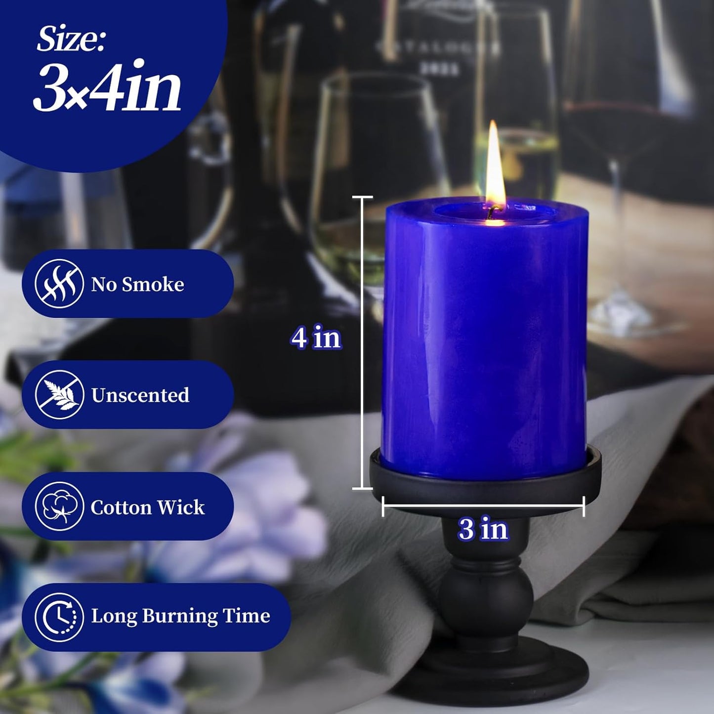 KONNI Classic Blue Pillar Candles Set of 3, 3"x 4" Unscented Pillar Candles Bulk, 42 Hours Long Burning Candles, Smokeless&Dripless Large Round Candle for Wedding, Home Decoration, Parties, Spas