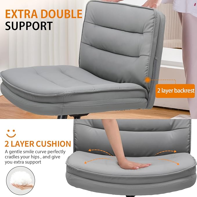 COMHOMA Cross Legged Office Chair with Wheels Armless Office Desk Chair, Modern Vanity Computer Task Chairs for Home Bedroom, Comfortable Wide Seat for Lower Back Pain Relief, PU Leahter, Gray