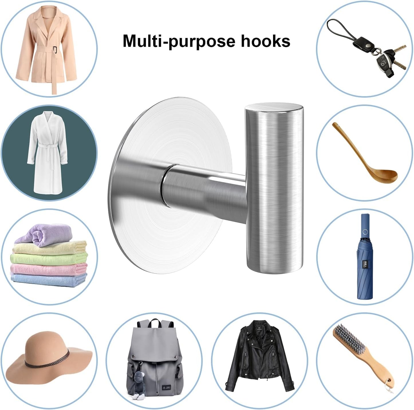 Heavy Duty Self-Adhesive Coat Hooks, Stainless Steel Towel Hooks for Bags, Towels, Robes, Hats, Aprons – No Drill Bathroom, Kitchen, Hotel Wall Hooks (2 Pack, Silver)