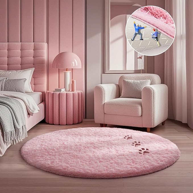 Ophanie Pink Round Rug for Bedroom Girls, Kids Fluffy Kawaii Fuzzy Furry Shag Area Rug, Cute Plush Soft Shaggy Bedside Circular Rugs 4Ft, Carpet for Teen Nursery Dorm Home Room Decor Aesthetic
