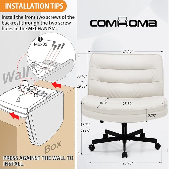 COMHOMA Cross Legged Office Chair with Wheels Armless Office Desk Chair, Modern Vanity Computer Task Chairs for Home Bedroom, Comfortable Wide Seat for Lower Back Pain Relief, PU Leahter, Beige