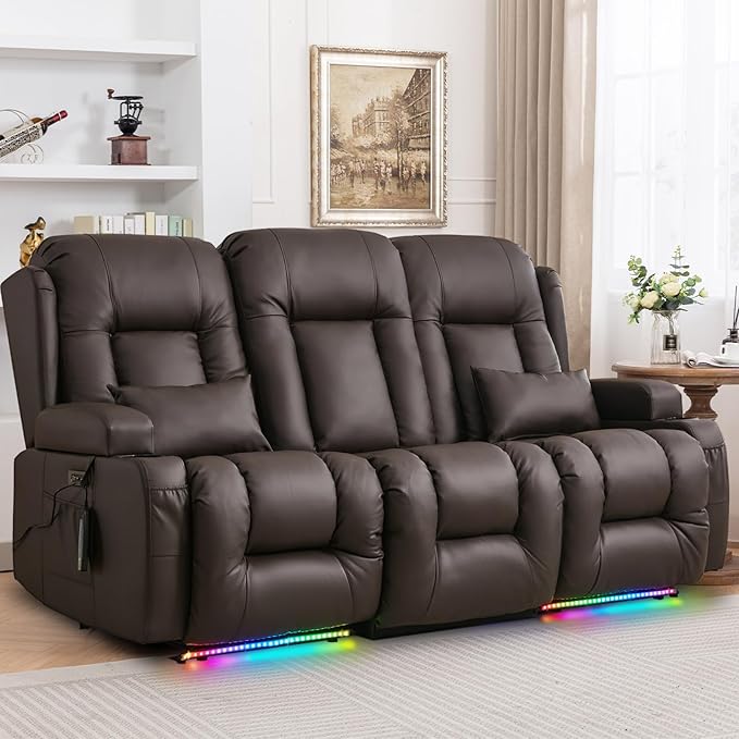 IPKIG 76" Power Reclining Sofa, Electric Home Theater Seating with Flipped Middle Backrest/LED Lighting/USB Ports/Built-in Outlets, Dual Recliner Sofa 3 Seater for Living Room RV (Brown)