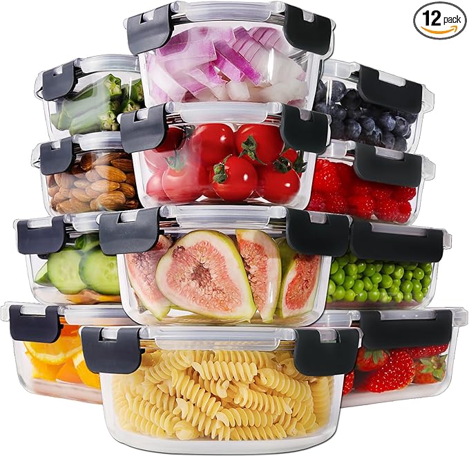 HOMBERKING 24pc Glass Food Storage Containers with Lids, Glass Meal Prep Containers with Leak Proof Snap Lock Lids, Airtight Bento Lunch Boxes, Kitchen Storage (12 lids & 12 Containers) - Black