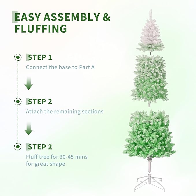 GarveeHome 6ft Snow Flocked Pencil Christmas Tree, Slim Artificial Christmas Tree with Sturdy Metal Stand, Skinny Xmas Tree Holiday Decoration for Home, Office, Green Gradient