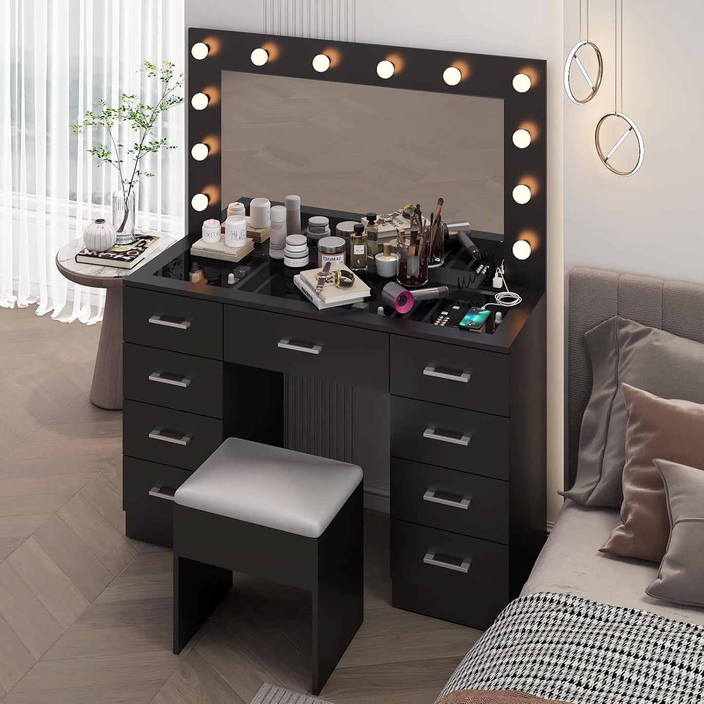 Karl home Vanity Desk with Large Lighted Mirror & Powre Outlet, Glass Tabletop Makeup Vanity Set with 9 Drawers, 45.3" Vanity Table with 3 Color Lighting Modes, Dressing Table for Women Girls, Black