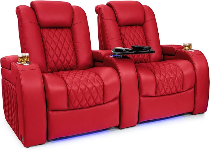 Seatcraft Diamante - Home Theater Seating - Living Room - Power Recline - Italian Leather - Powered Headrests - Cupholders - USB Charging - Ambient Lighting - Arm Storage, Red, Row of 2