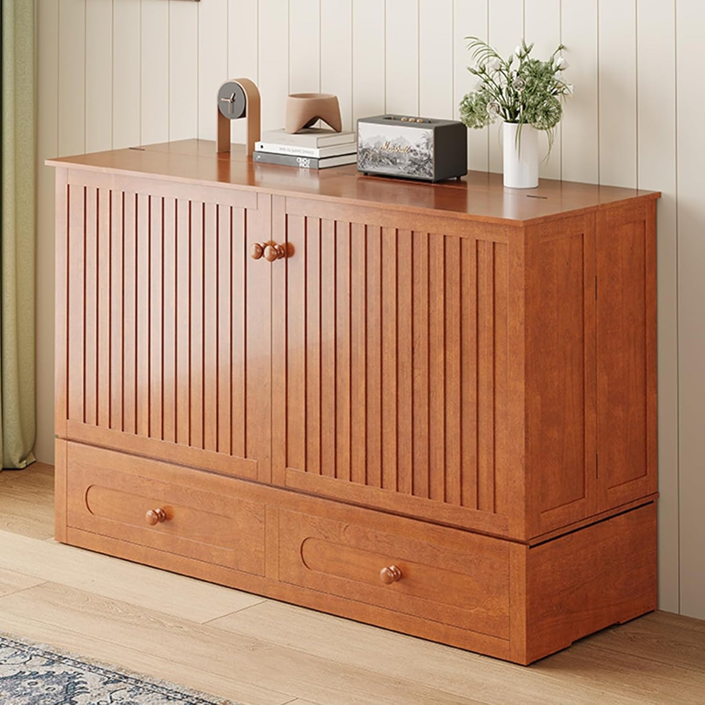 ijuicy Murphy Bed Queen Size with Foam Mattress, Side Storage Board, Cabinet Bed with Charging Station Large Storage Drawer for Space-Saving Room, Foldable Hideaway Bed Queen-Cherry