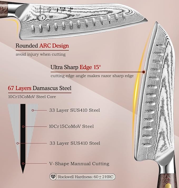 HEZHEN Santoku Knife with Wooden Sheath,7.3 Inches, 67 Layers Damascus Steel Kitchen Knife for Professional Chefs and Family, Micarta Handle,Gift Ready