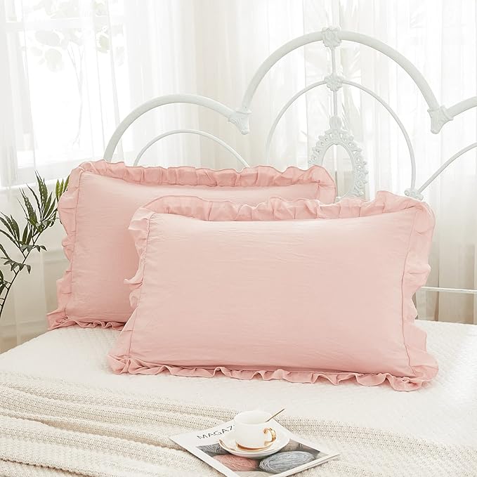 Pink Pillow Shams Baby Pink Ruffle Standard Pillowcases Cute Pillow Cover Set of 2 Shabby Chic Soft Microfiber Pillowcases 2 Pack (Queen (20''x30''), Pink)