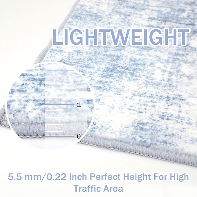 IOHOUZE Abstract Area Rugs 6x9 Ft Washable Rugs for Living Room, Non Slip Dining Room Rug, Printed Faux Wool Rugs for Bedroom, Floor Carpet for Office Nursery Playroom, Light Blue White