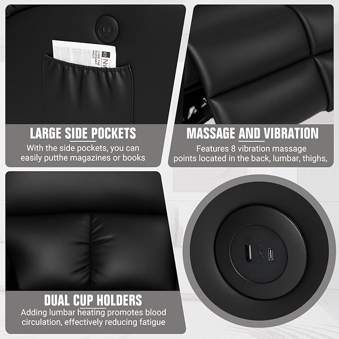 Home Theater Seating,RV Recliner Sofa with Massage and Heat,Manual RV Recliner Loveseat with USB/Cup Holders and Side Pocket for Living Room,Black