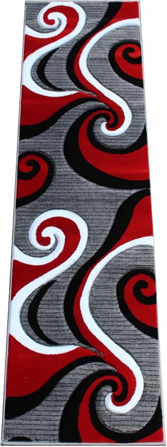 Masada Rugs, Sophia Collection Hand Carved Area Rug Modern Contemporary Red White Grey Black (2 Feet X 7 Feet 3 Inch) Runner