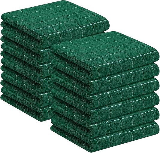 Homaxy 100% Cotton Terry Kitchen Towels(Dark Green, 13 x 28 inches), Checkered Designed, Soft and Super Absorbent Dish Towels, 12 Pack