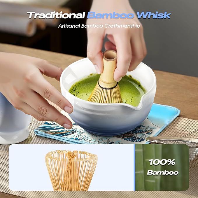 Matcha Whisk Set - 8 Pcs Tea Set with Bamboo Whisk and Holder, Ceramic Bowl, Bamboo Scoop and Spoon,Scoop Rest, Sifter & Tea Towel, Japanese Home Matcha Kit for Authentic Ceremony (Blue)