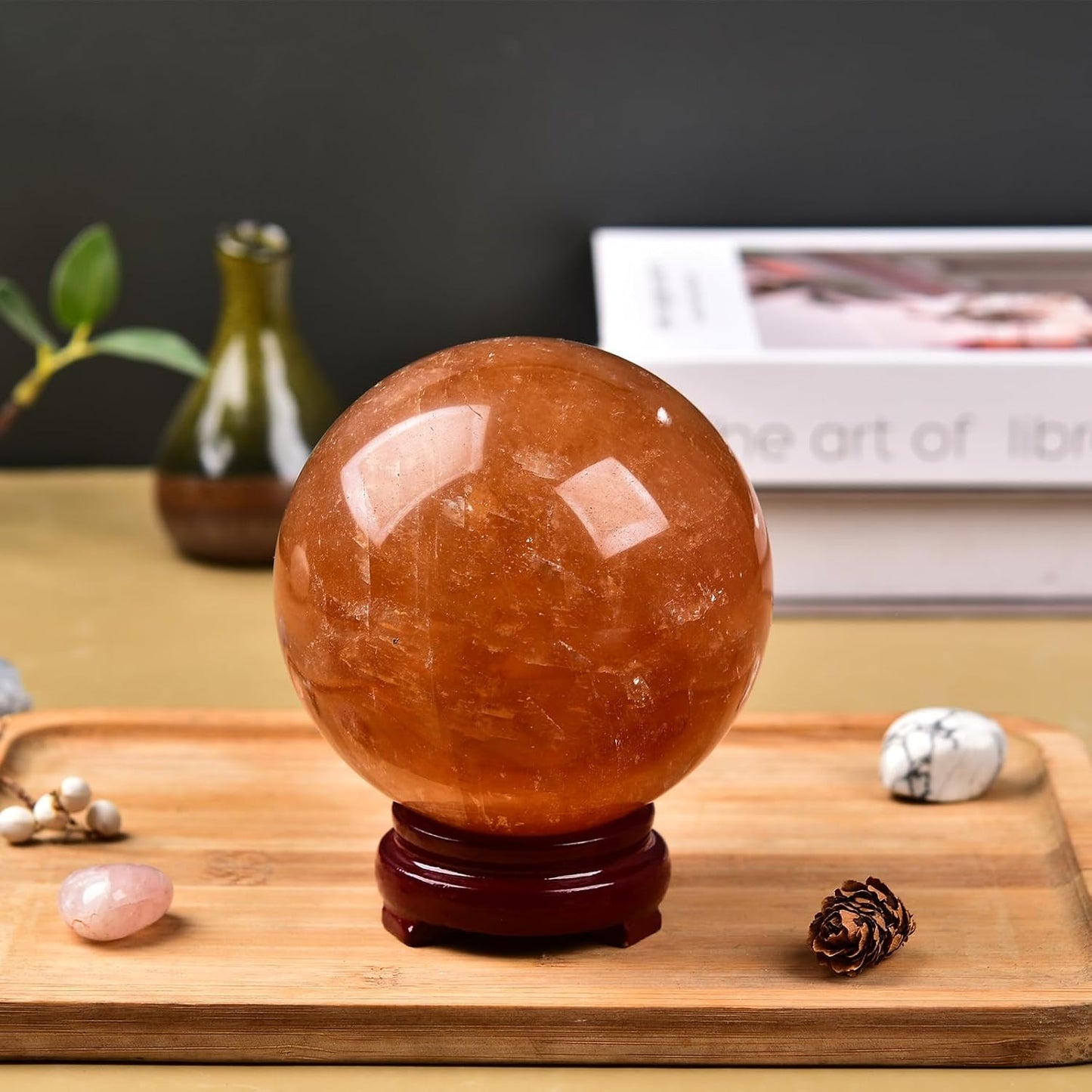 JIC Gem Healing Crystal Ball Stripe Orange Calcite Sphere Ball Decorative Ball with Wood Stand for Fengshui and Decoration (90-100mm)