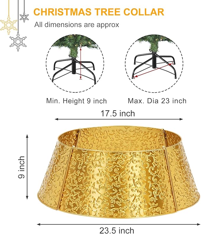 Metal Christmas Tree Collar, 23’’ D Christmas Decorative Base Cover for Christmas Tree, Tree Skirt, Tree Ring-Golden