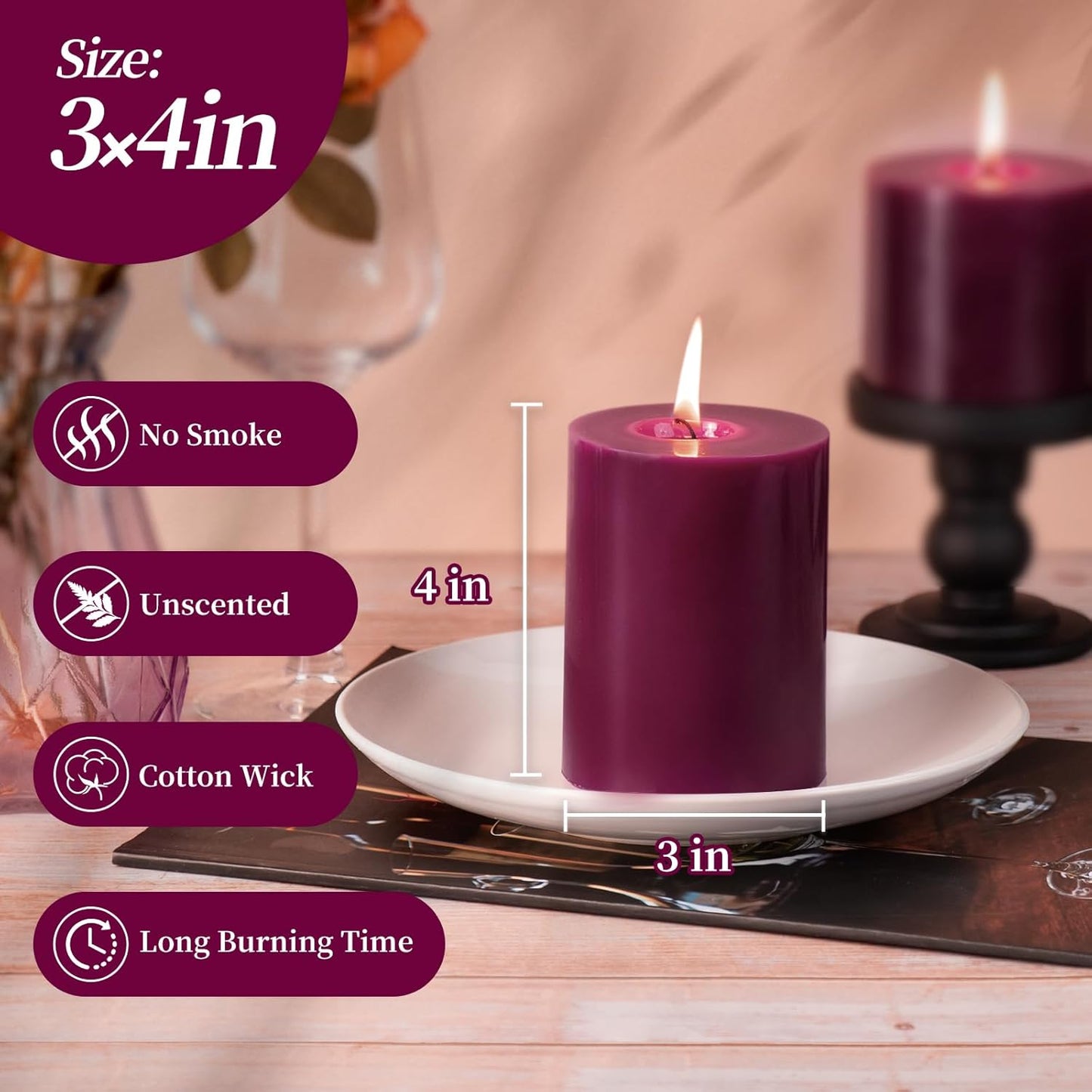 KONNI Purple Pillar Candles Set of 3, 3"x 4" Unscented Pillar Candles Bulk, 39 Hours Long Burning Candles, Smokeless&Dripless Large Round Candle for Wedding, Home Decoration, Parties, Spas, Dinner