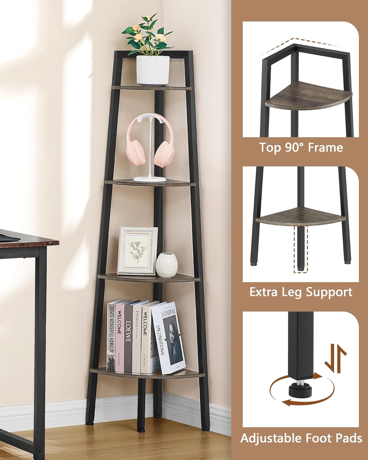 Hoctieon Corner Shelf, 4-Tier Corner Bookshelf, Rustic Ladder Shelf, Industrial Display Stand for Living Room, Kitchen, Home Office, Balcony, Small Space, Metal Frame, Grey