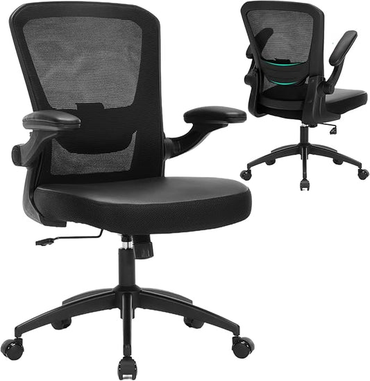 Ergonomic Office Chair 350lbs PU Leather Mesh Desk Chair with Lumbar Support, Flip-Up Arms, Swivel Wheels, Adjustable Height, Rolling Executive Computer Task Chair for Home Office,Black