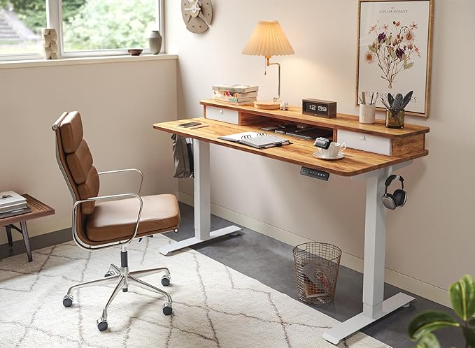 FEZIBO 40 x 24 Inch Height Adjustable Electric Standing Desk with Double Drawer, Computer Desk, Home Office Stand Up Table with 4 Height-Adjustable Feets & 2 Hooks, Light Rustic