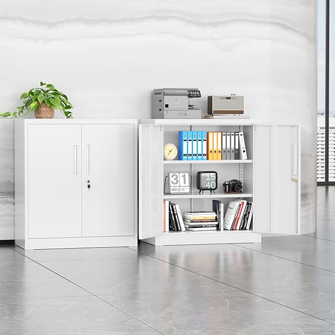 SUNCROWN 36” Metal Storage Cabinets with Doors and 2 Adjustable Shelves, Locking Tool Garage Cabinet, File Cabinets for Home & Office (White)