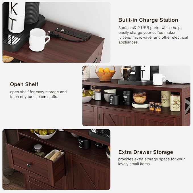 47" Dark Brown Farmhouse Storage Cabinet with Barn Doors and Drawers, Sideboard Buffet Cabinet with Storage, Kitchen Pantry Hutch, Coffee Bar Station Table for Kitchen, Living, Dining Room