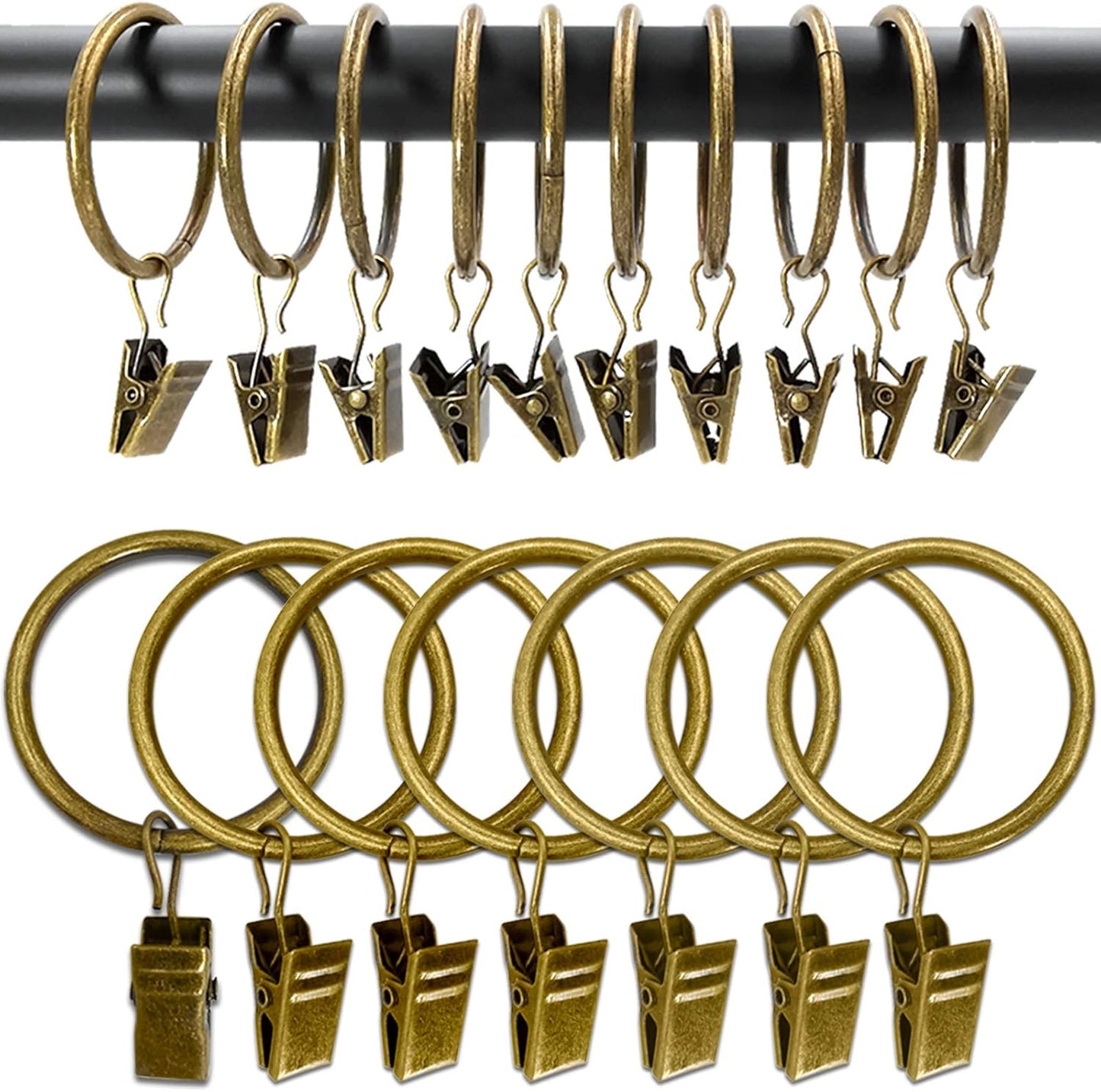100 Pack Metal Curtain Rings with Clips, Drapery Clips Hooks, Decorative Curtain Rod Clips 1.5 in Interior Diameter, Antique Bronze