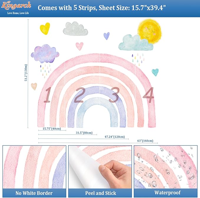 Large Boho Rainbow Wall Decals, Clouds Sun Hearts Peel and Stick Fabric Nursery Wall Decor, Removable Home Room Wall Decor Murals Stickers for Kids Girls Toddler Bedroom Living Room Playroom