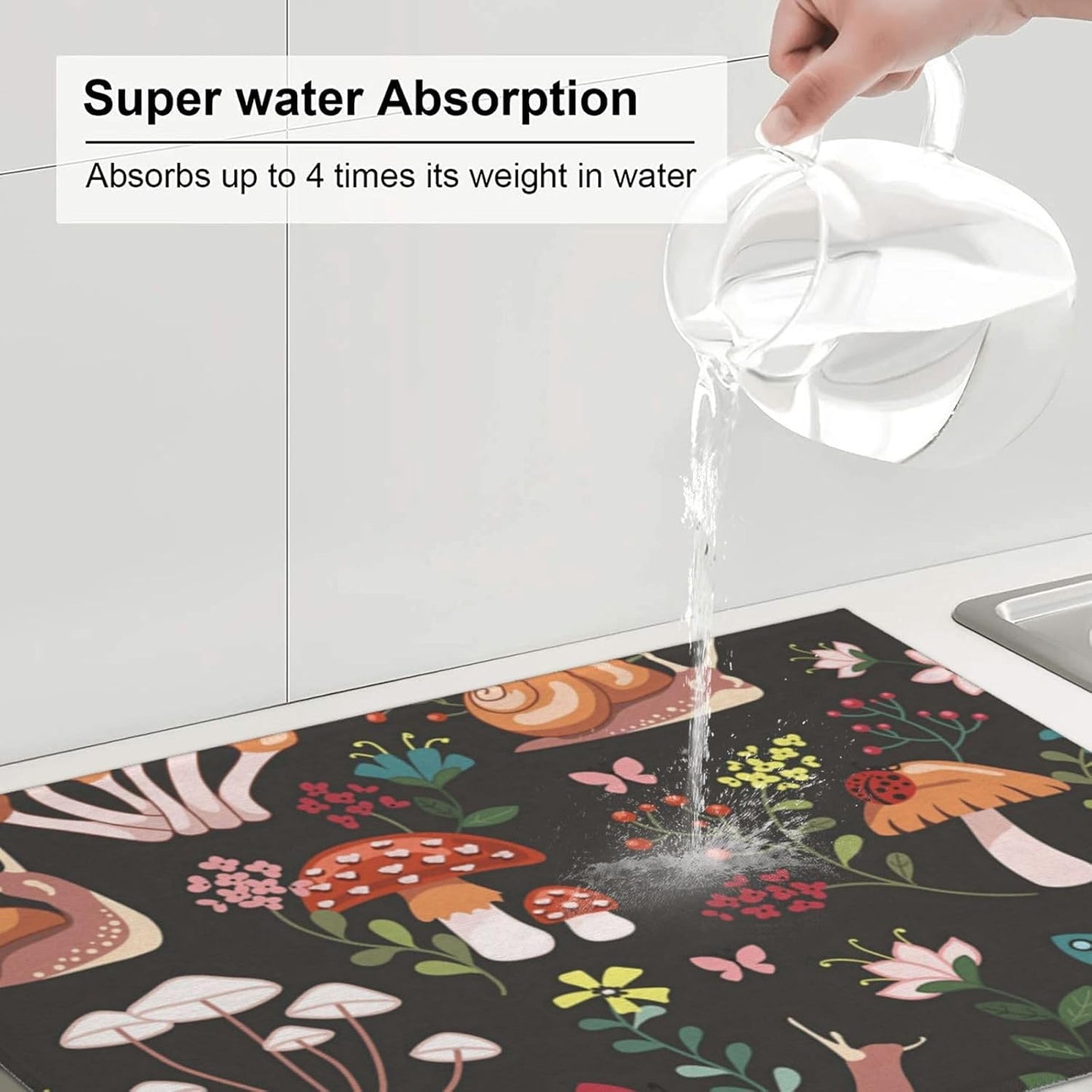 Mushroom Snail Dish Drying Mat 18x24 For Kitchen Counter Absorbent Microfiber Dishes Pad Dish Drainer Rack Mats Fast Dry Kitchen Accessories