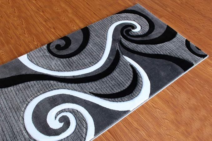 Masada Rugs Sophia Collection Hand Carved Runner Area Rug Modern Contemporary Grey White Black (2 Feet 8 Inch X 10 Feet) Runner