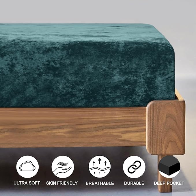 PHF Truly Velvet Fitted Sheet Only Twin Size, Luxury Super Soft Cozy Fuzzy Flannel Bottom Sheet, Deep Pocket Up to 16",Strenghth Elastic Band, Suitable for Fall Winter Spring, No Pillowcases, Teal