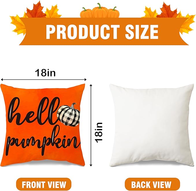 JioJio Chan Fall Decorative Pillow Covers 18x18 - Set of 4 Pumpkin Autumn Throw Plaid Decorations Pillow Covers for Couch Sofa, Fall Thanksgiving Decor for Home Bedroom Living Room Outdoor