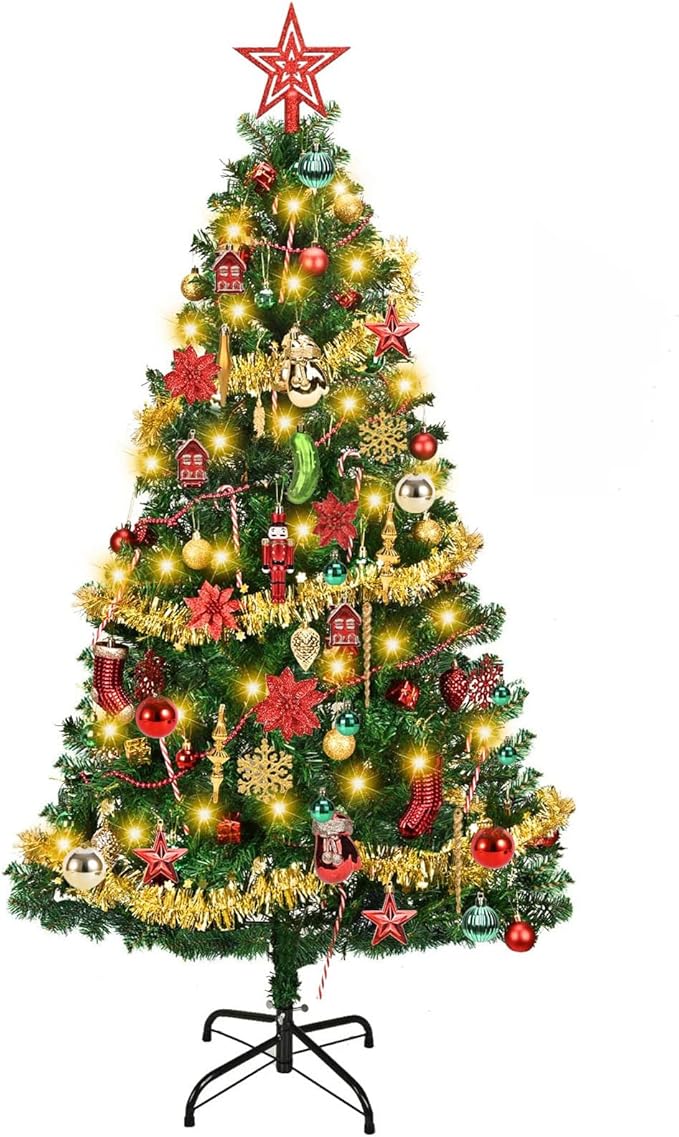 6ft Artificial Christmas Tree with Lights and Ornaments, Prelit Xmas Tree with Hanging Balls (8 Modes) for Home Holiday Decoration, Gold+Red+Green