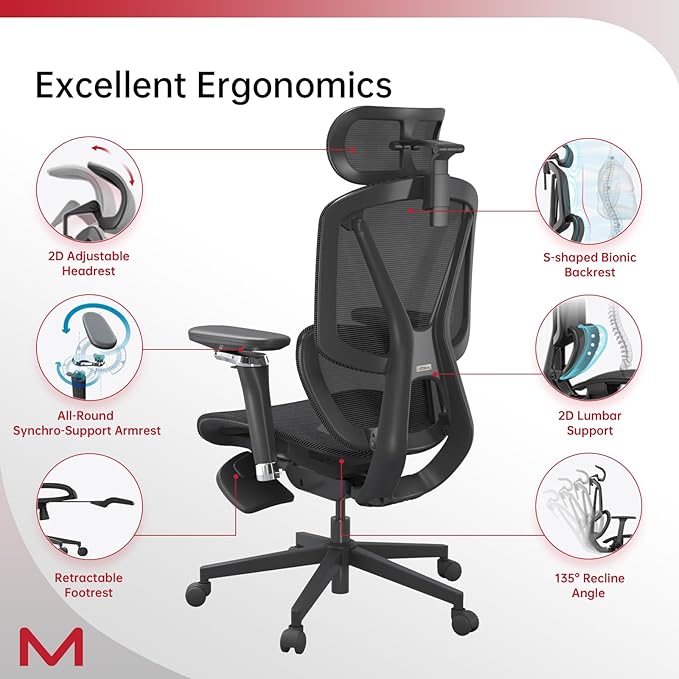 Ergonomic Office Chair, Home Office Desk Chair with Footrest,Mesh Office Chairs with Armrest,Ergonomic Chair with Big Lumbar Support