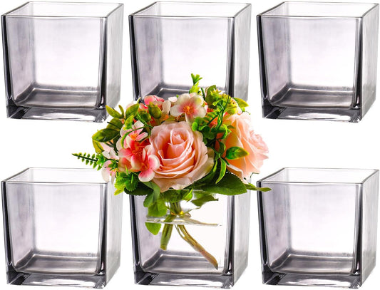 Square Glass Vases Set of 6, 4" x 4" x 4" Square Flower Vases for Centerpieces, Grey Vase for Flowers, Small Vase for Wedding, Party, Home Office Decoration