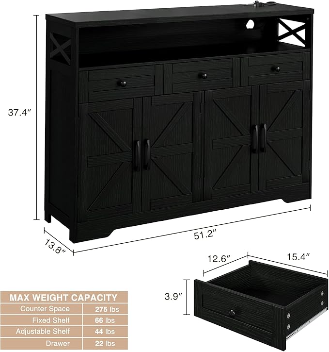 51" Black Buffet Sideboard Cabinet with Storage, Farmhouse Kitchen Storage Pantry Cabinet with Drawers, Wood Cupboard Hutch, Coffee Bar Station Table for Kitchen, Living Room, Dining Room