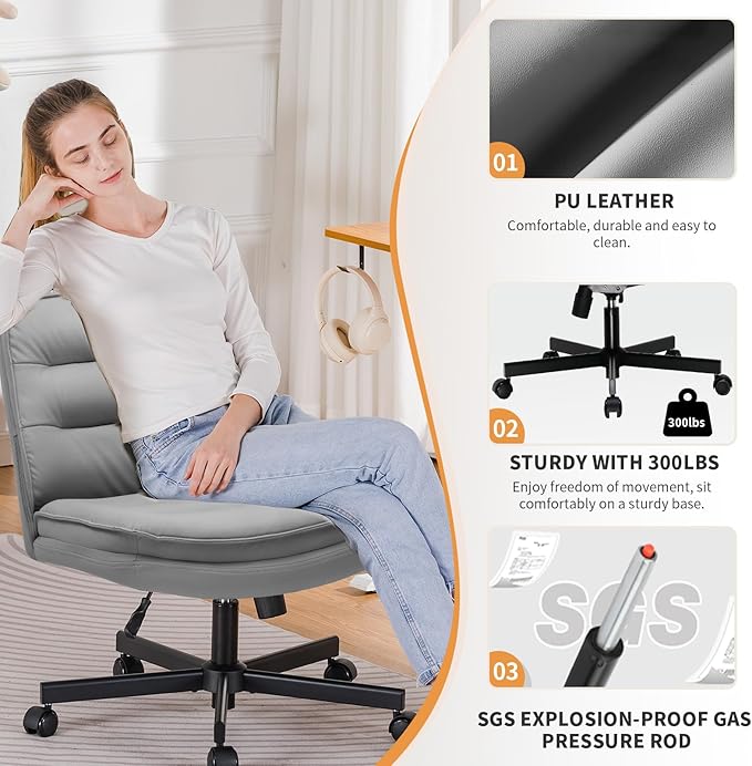 COMHOMA Cross Legged Office Chair with Wheels Armless Office Desk Chair, Modern Vanity Computer Task Chairs for Home Bedroom, Comfortable Wide Seat for Lower Back Pain Relief, PU Leahter, Gray