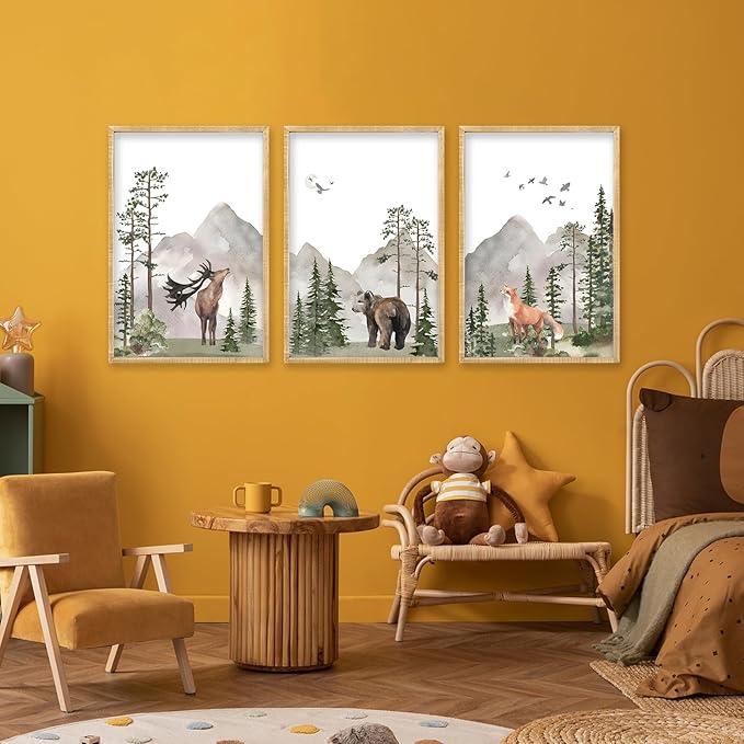 Set Of 3 Wild Woodland Nursery Animals Wall Art Decor 16x11 Inch Safari Foggy Forest Deer Bear Fox Posters Wood Framed Sign Jungle Children's Boys Girls Room Watercolor Prints Hang (Wood)