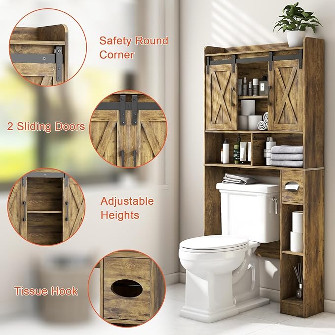 Over The Toilet Storage Cabinet, Farmhouse Storage Cabinet Over Toilet with Sliding Doors & Toilet Paper Holder Stand，Home Space-Saving Toilet Rack, for Bathroom, Restroom, Laundry