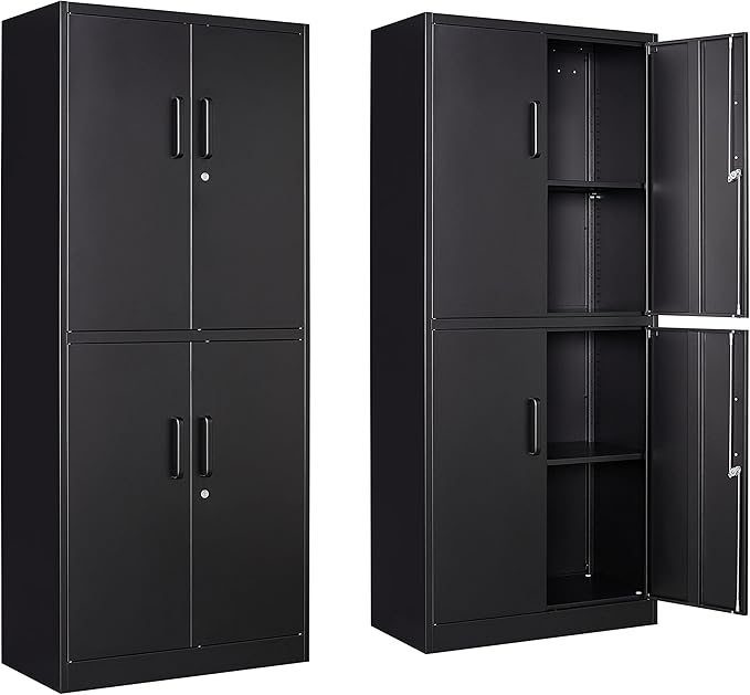 Yizosh Metal Storage Locking Cabinet with 4 Doors and 2 Adjustable Shelves,71" Lockable Garage Tall Steel Cabinet,for Home Office,Living Room,Pantry,Gym,Commercial Storage (Black)