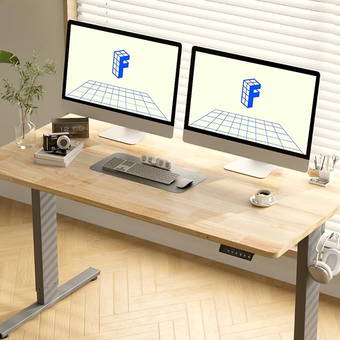 FLEXISPOT EN1 One-Piece Solid Wooden Standing Desk 55 x 24 Inches Height Adjustable Electric Sit Stand Home Office Desks (Silver Frame + Rubber Wood Top, 2 Packages)