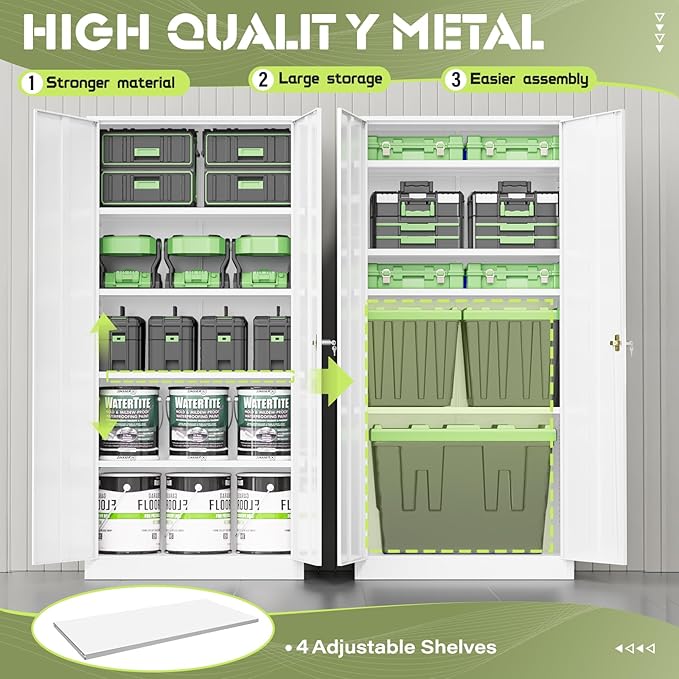 SUNCROWN 72" Metal Storage Cabinet - Heavy-Duty Metal Garage Cabinet with 4 Adjustable Shelves & 2 Doors for Tools, Office, Home, Workshop,White