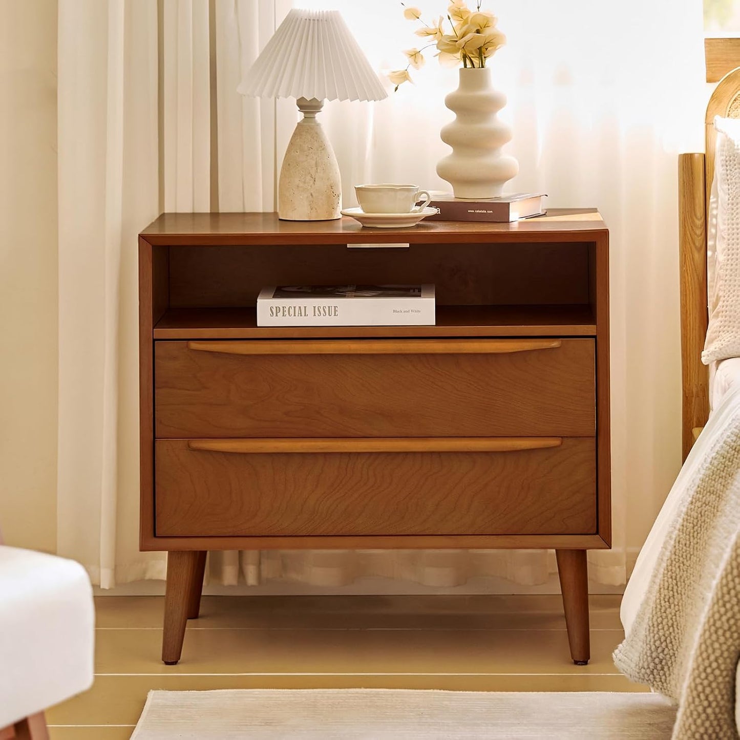 HULALA HOME Nightstand with Charging Station, Mid-Century Modern 2 Drawer and Open Shelf Dresser for Bedroom, Fluted Bedside Table, Acorn