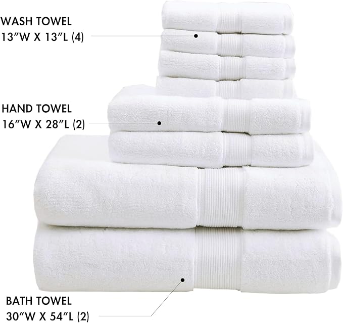 Madison Park 800GSM Bathroom Towel Set of 8 100% Cotton Bath Towel Set for Bathroom Luxurious Highly Absorbent 2 Bath Towels 2 Hand Towels 4 Washcloths Quick Dry Spa Quality White